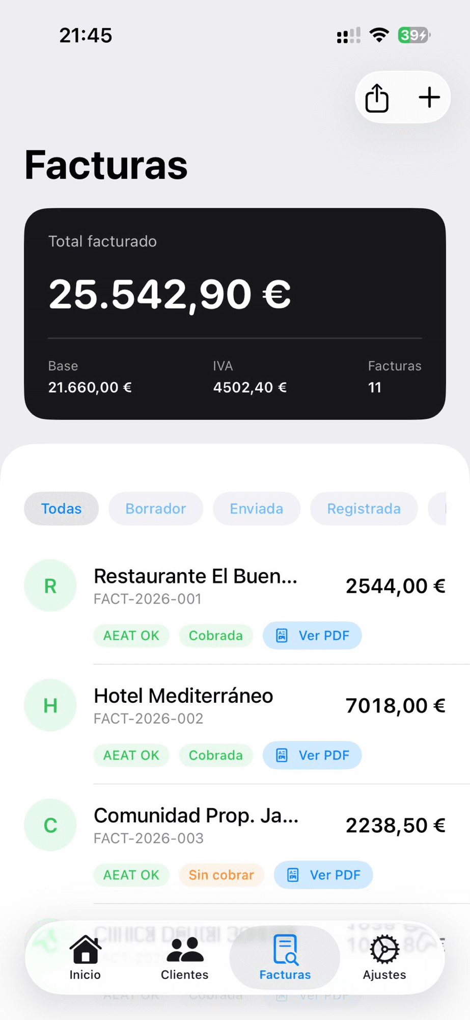 Facturas enviadas a Hacienda